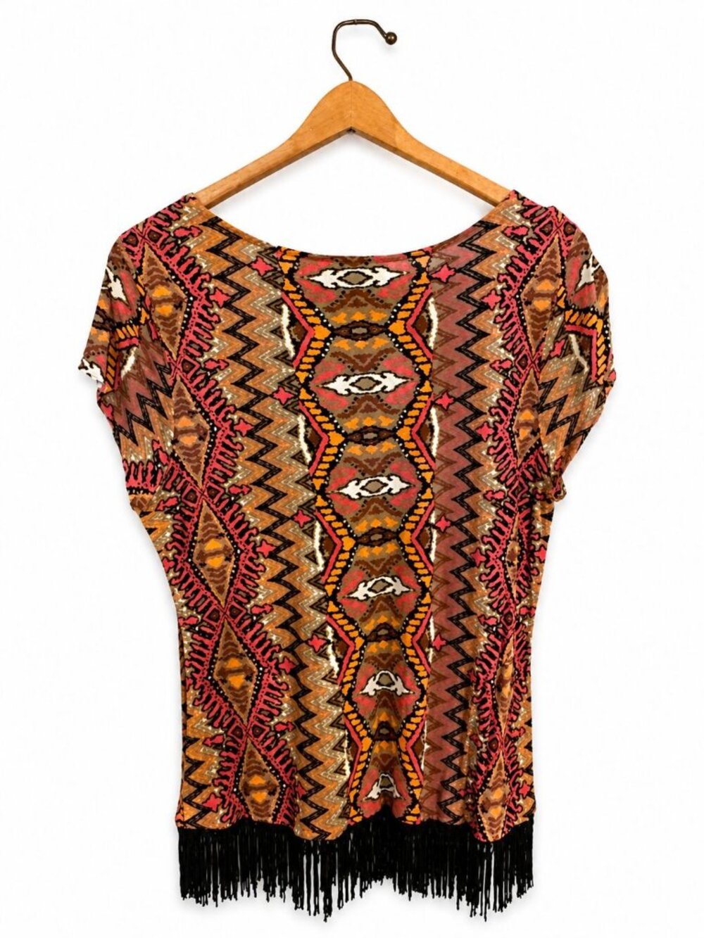 INC International Concepts Women's Orange Black Geometric Fringe Hem Blouse L Ra - Picture 2 of 2